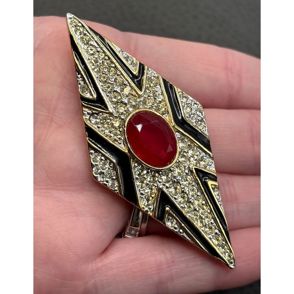 VTG Kenneth Lane Art Deco Revival Brooch Red Rhinestone Black Enamel Gold Tone